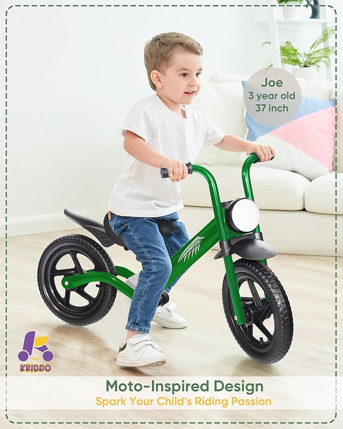 Kriddo Toddler Balance Bike with Front Light and Adjustable Seat for 2 to 5 Years Old Green