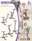 KRIDDO Kids Scooters with Removable Seat for 1 to 5 Years Old Purple 3-in-1