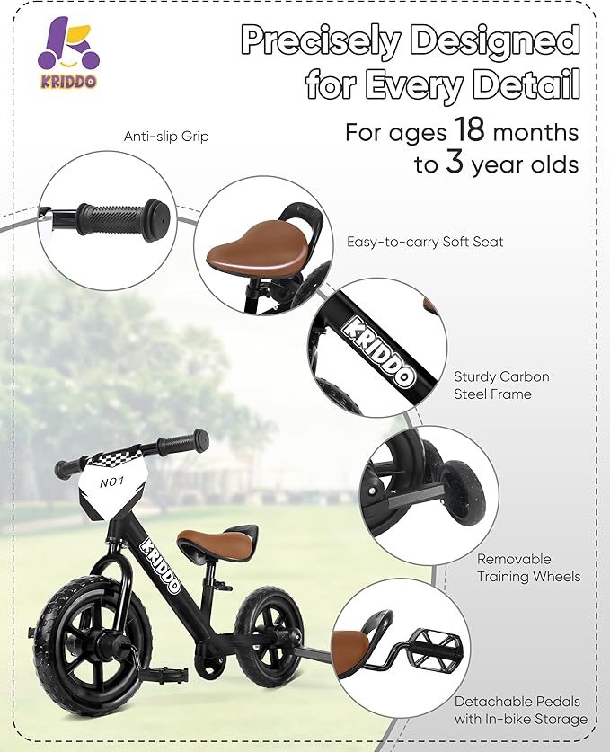 Kriddo Toddler Balance Bike with Removable Training Wheels for 18 Months to 5 Years Old Black