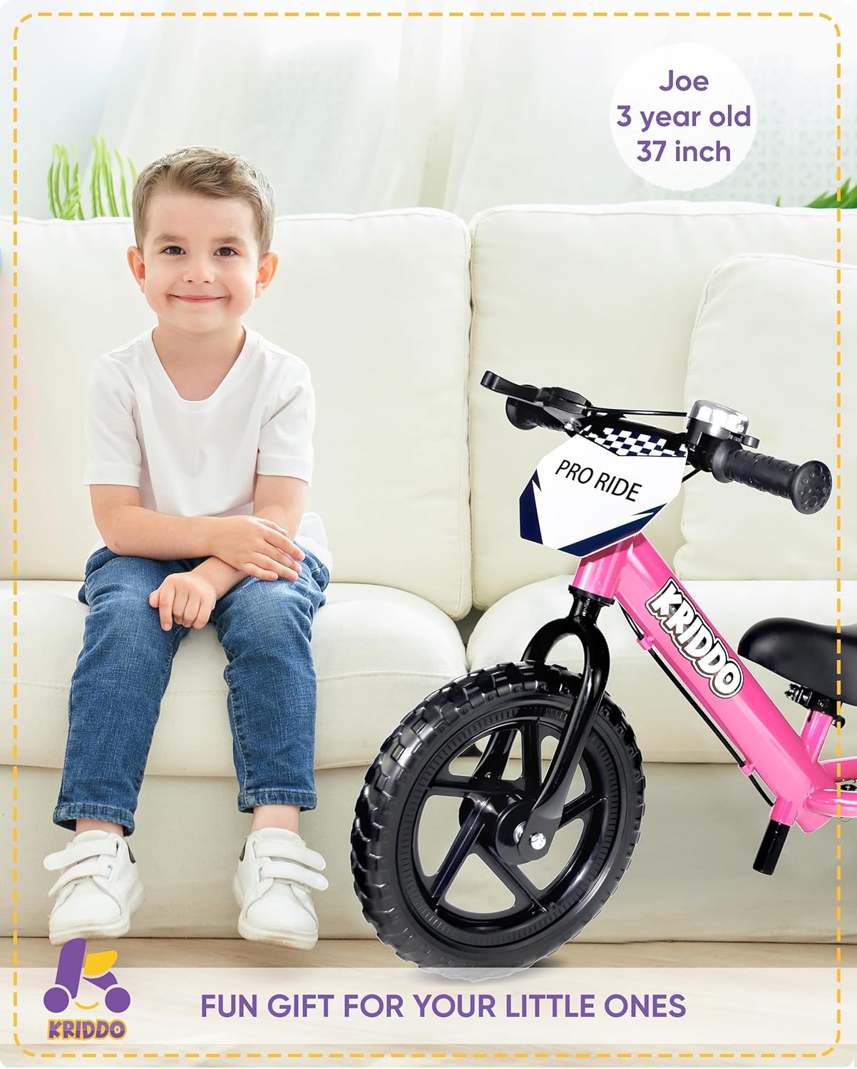 Kriddo Toddler Balance Bike with Brake and Flag for 18 Months to 3 Years Old Pink