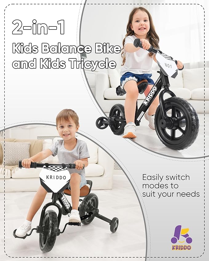 Kriddo Toddler Balance Bike with Removable Training Wheels for 18 Months to 5 Years Old Black