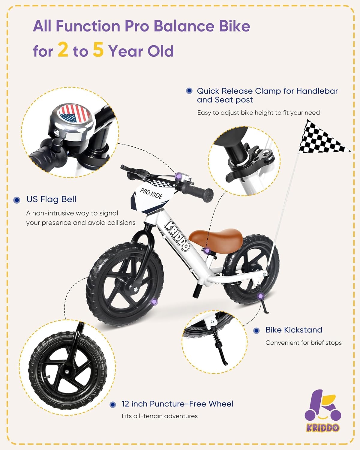 Kriddo Toddler Balance Bike with Brake and Flag for 18 Months to 3 Years Old White