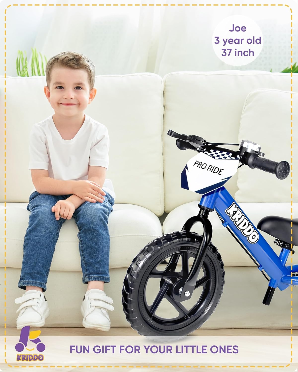 Kriddo Toddler Balance Bike with Brake and Flag for 18 Months to 3 Years Old Blue