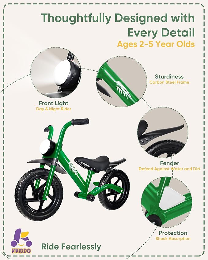 Kriddo Toddler Balance Bike with Front Light and Adjustable Seat for 2 to 5 Years Old Green