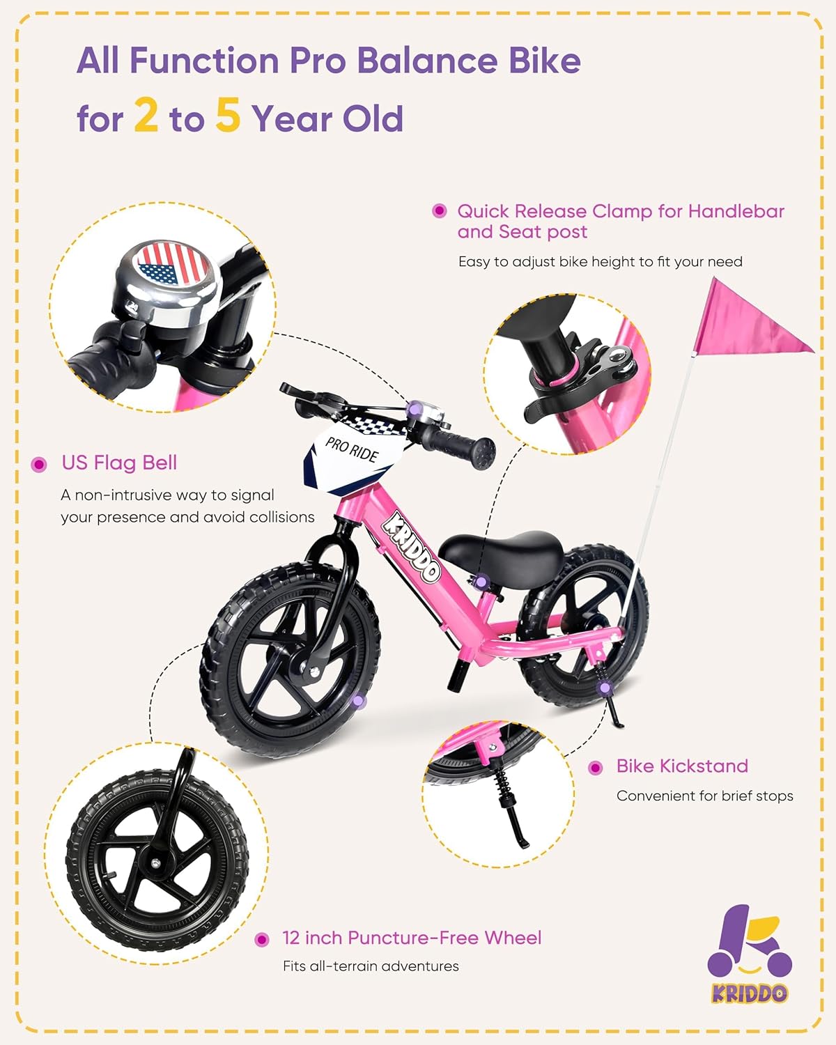 Kriddo Toddler Balance Bike with Brake and Flag for 18 Months to 3 Years Old Pink