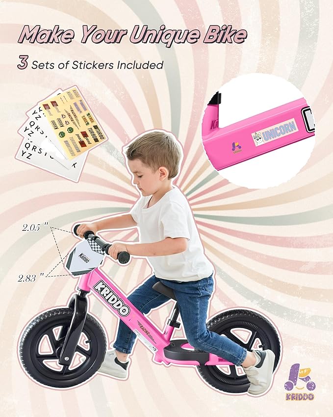 KRIDDO Kids Balance Bike for 2 to 5 Years Old with DIY Colorful Stickers Pink