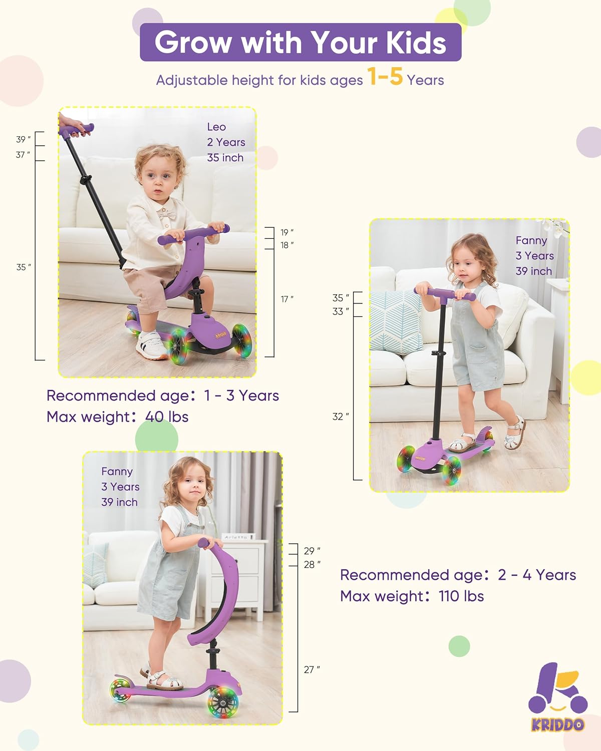 KRIDDO Kids Scooters with Removable Seat for 1 to 5 Years Old Purple 3-in-1