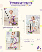 KRIDDO Kids Scooters with Removable Seat for 1 to 5 Years Old Purple 3-in-1