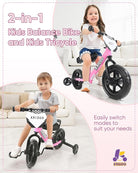 Kriddo Toddler Balance Bike with Removable Training Wheels for 18 Months to 5 Years Old Pink