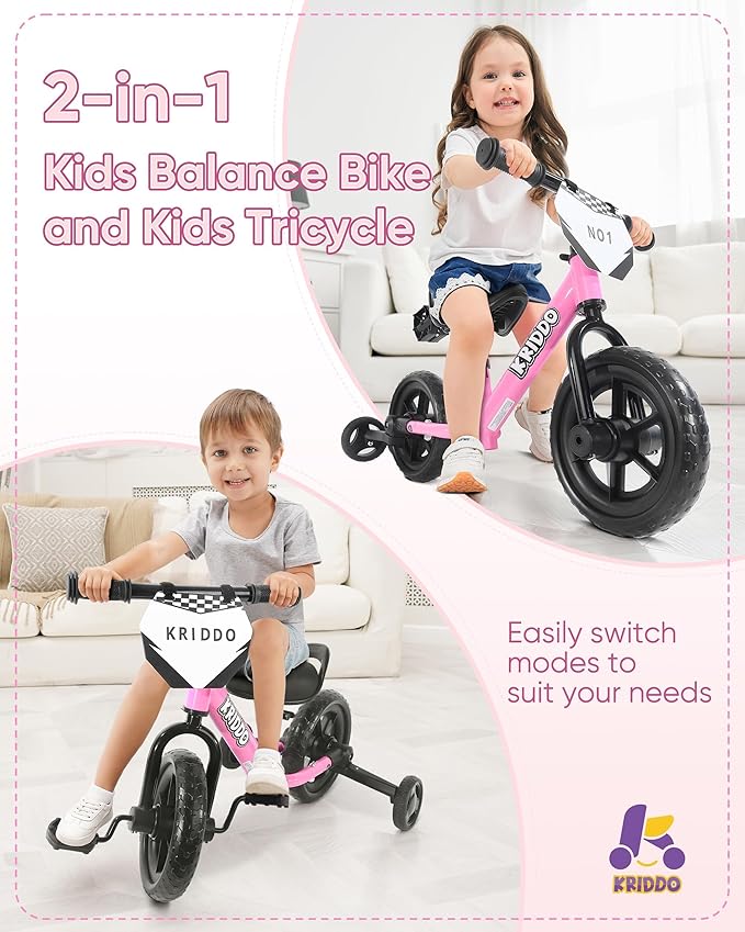 Kriddo Toddler Balance Bike with Removable Training Wheels for 18 Months to 5 Years Old Pink