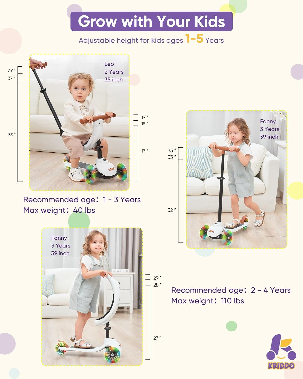 KRIDDO Kids Scooters with Removable Seat for 1 to 5 Years Old White 3-in-1