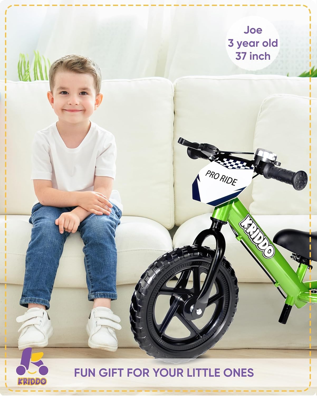 Kriddo Toddler Balance Bike with Brake and Flag for 18 Months to 3 Years Old Green