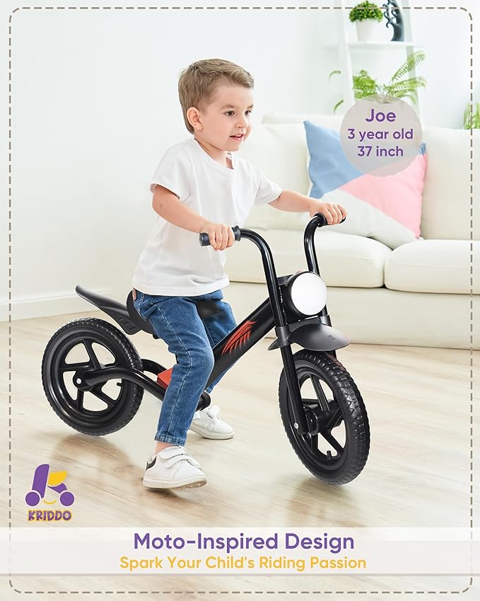 Kriddo Toddler Balance Bike with Front Light and Adjustable Seat for 2 to 5 Years Old Black