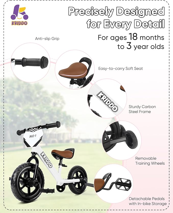 Kriddo Toddler Balance Bike with Removable Training Wheels for 18 Months to 5 Years Old White