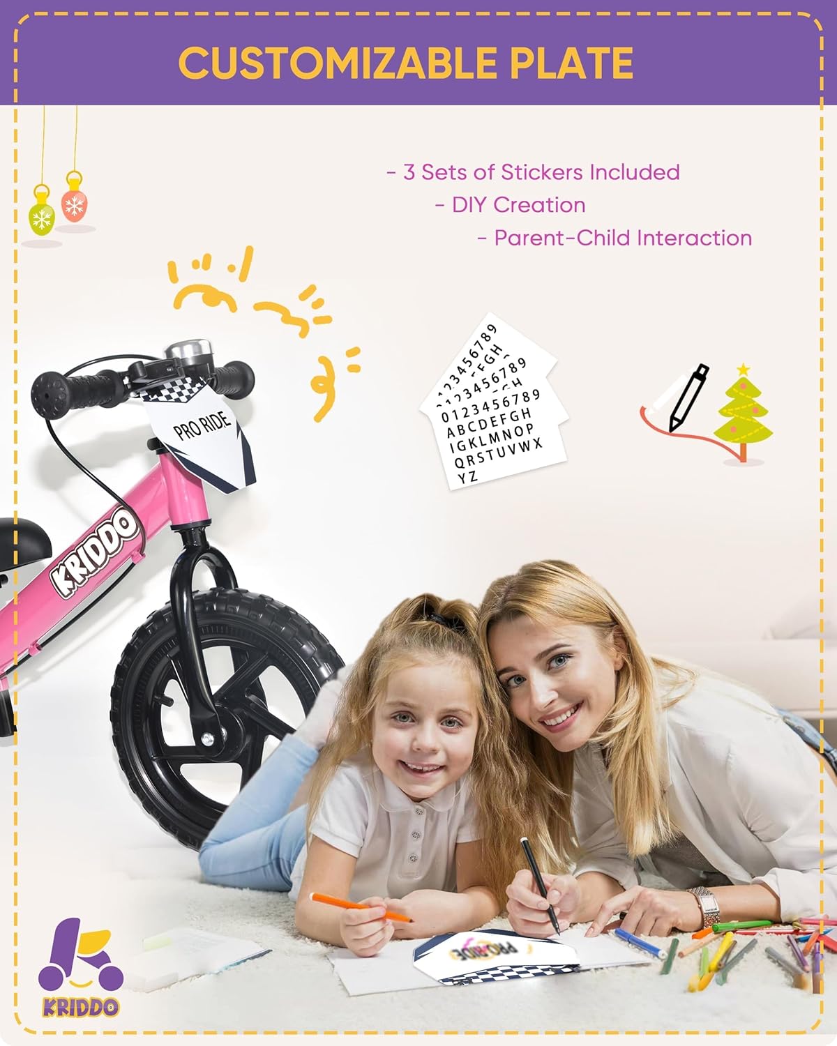 Kriddo Toddler Balance Bike with Brake and Flag for 18 Months to 3 Years Old Pink