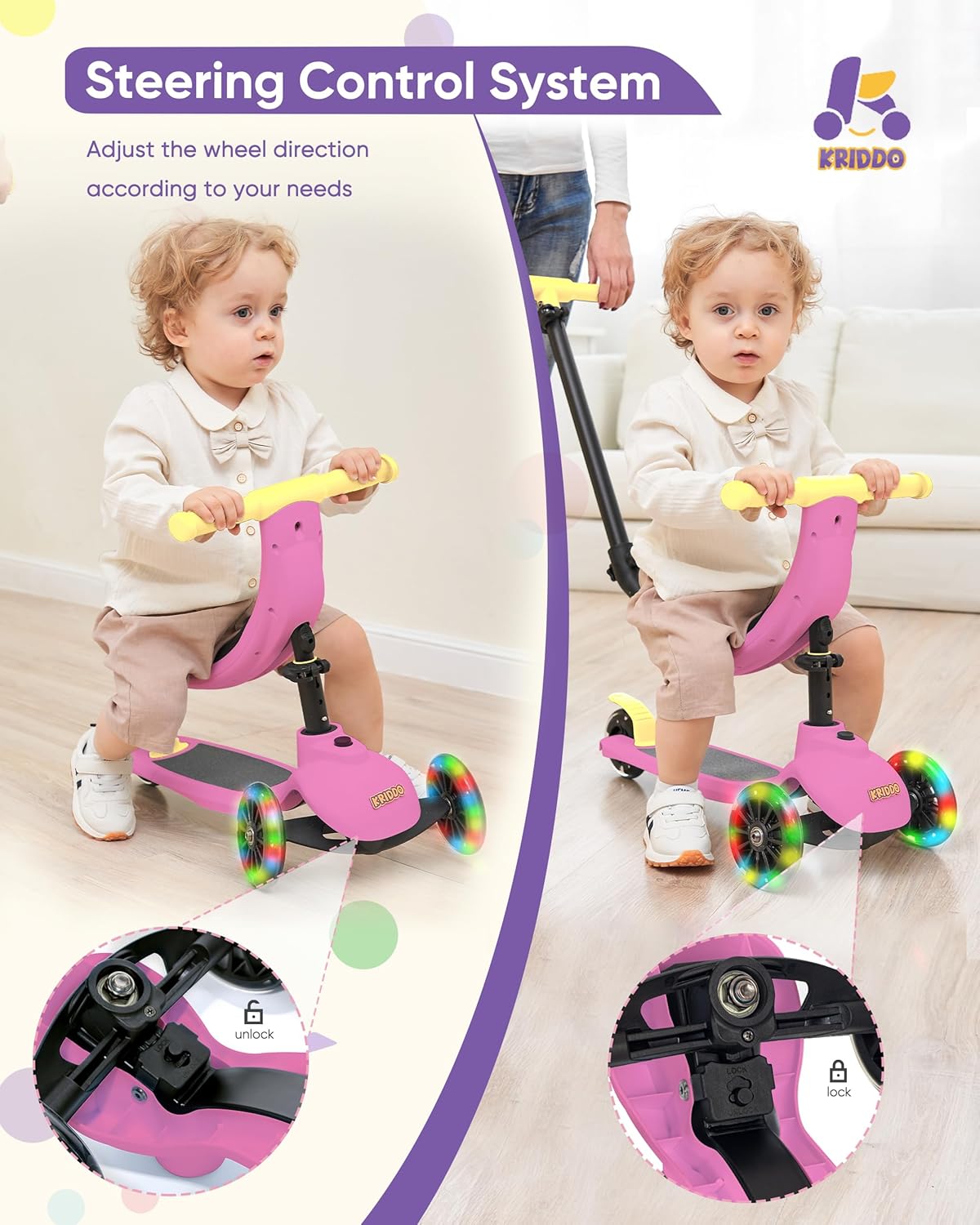 KRIDDO Kids Scooters with Removable Seat for 1 to 5 Years Old Pink 3-in-1