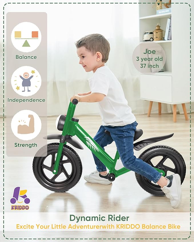 Kriddo Toddler Balance Bike with Front Light and Adjustable Seat for 2 to 5 Years Old Green