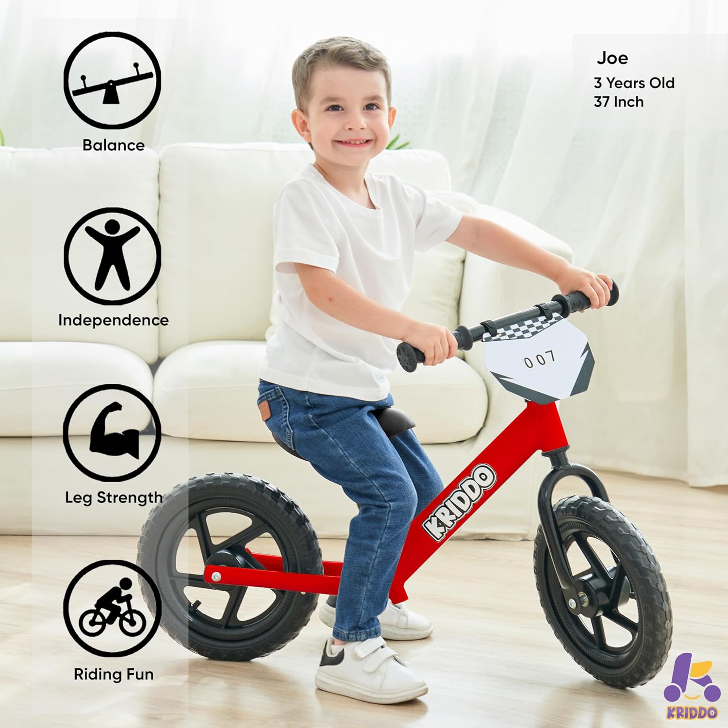 KRIDDO Toddler Balance Bike with Customize Plate for 18 Months to 3 Years Old Red