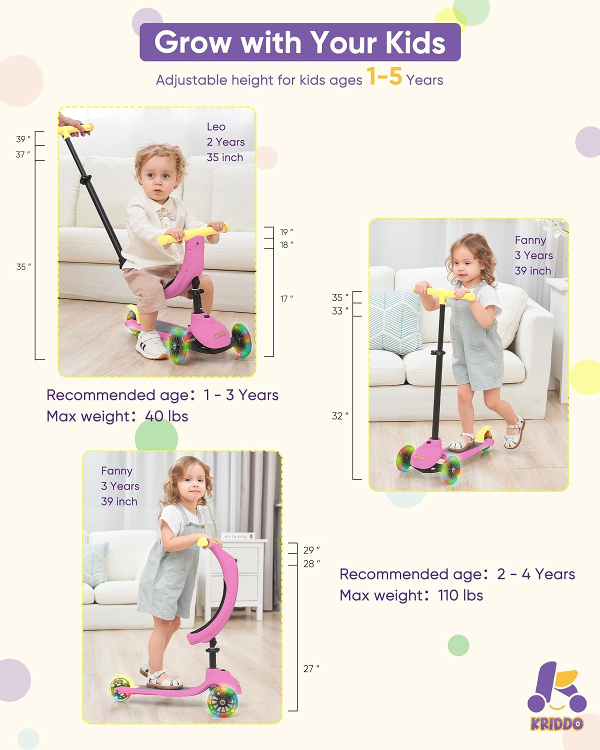 KRIDDO Kids Scooters with Removable Seat for 1 to 5 Years Old Pink 3-in-1