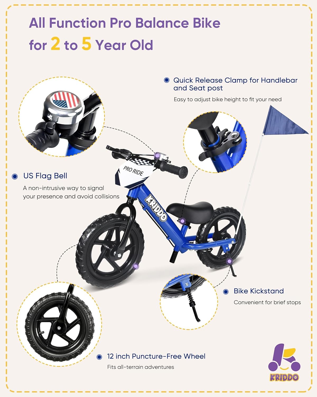 Kriddo Toddler Balance Bike with Brake and Flag for 18 Months to 3 Years Old Blue