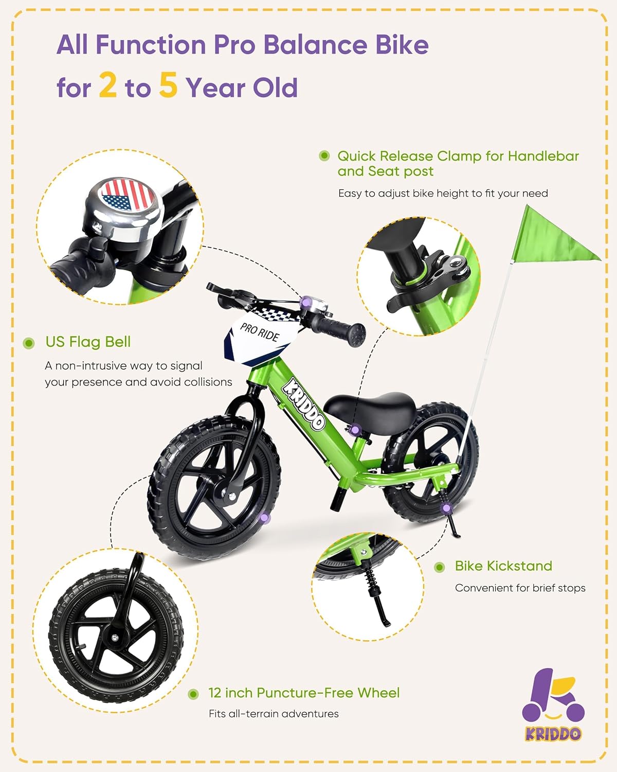 Kriddo Toddler Balance Bike with Brake and Flag for 18 Months to 3 Years Old Green