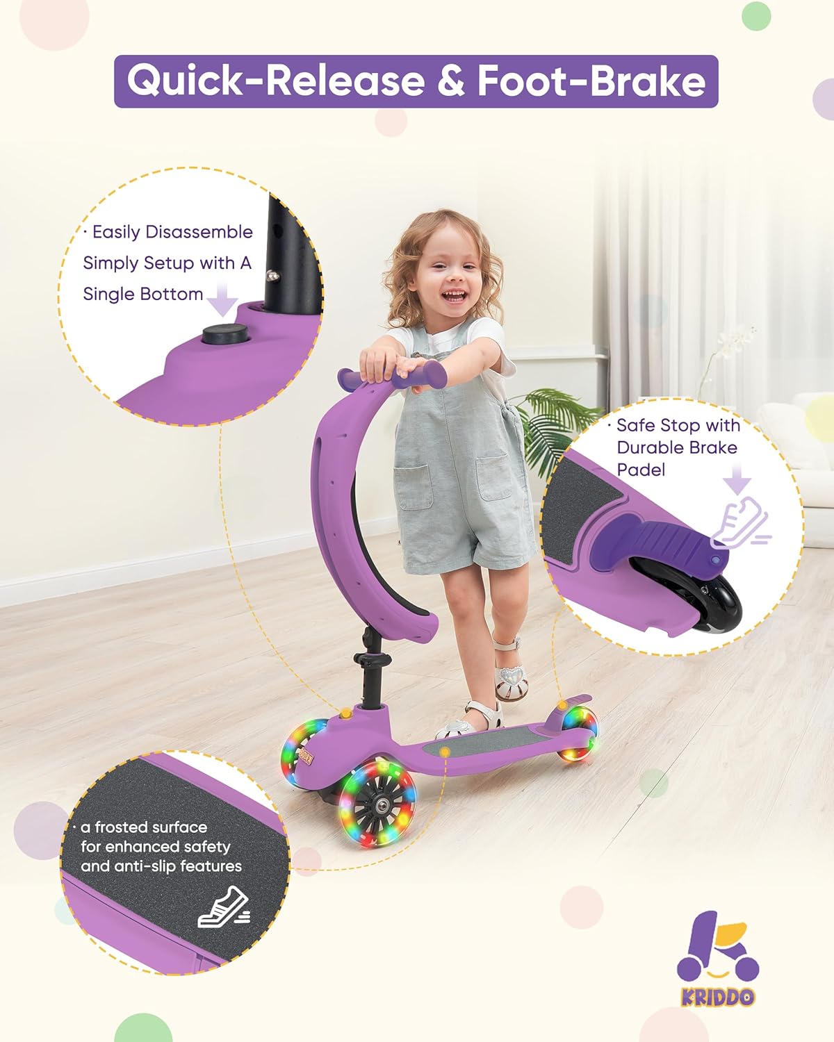 KRIDDO Kids Scooters with Removable Seat for 1 to 5 Years Old Purple 3-in-1