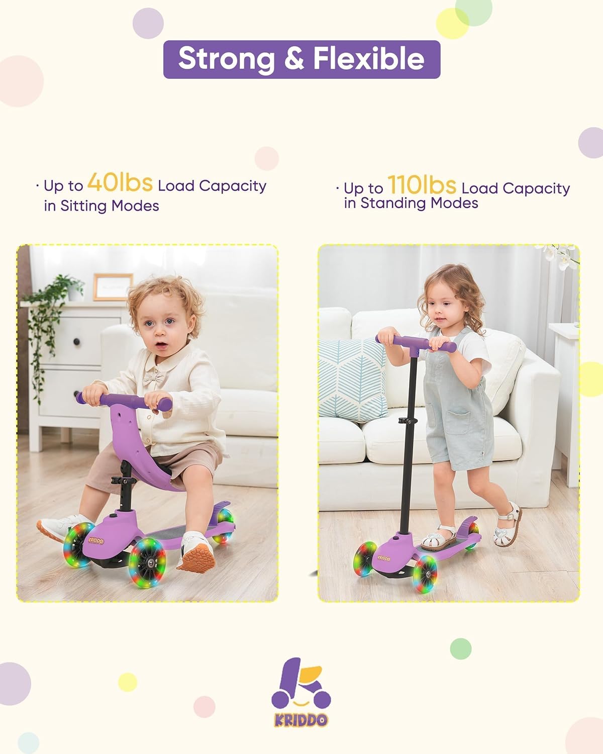 KRIDDO Kids Scooters with Removable Seat for 1 to 5 Years Old Purple 3-in-1