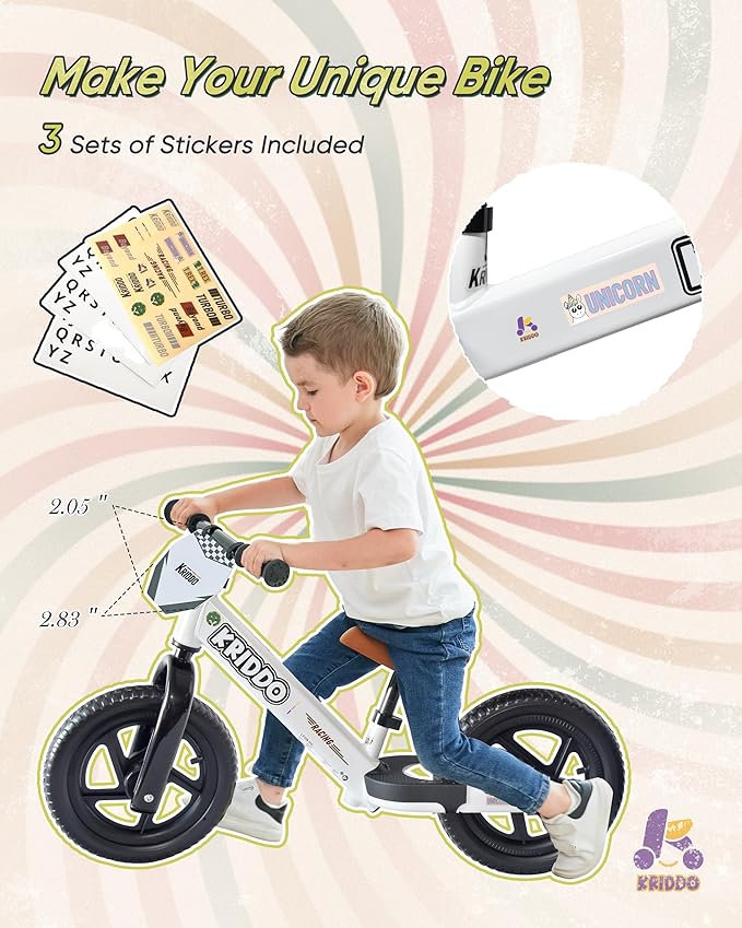 KRIDDO Kids Balance Bike for 2 to 5 Years Old with DIY Colorful Stickers White