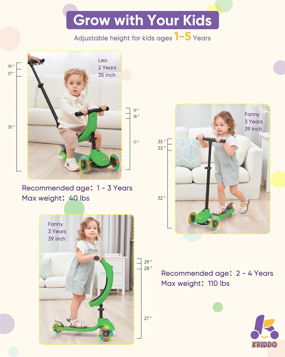 KRIDDO Kids Scooters with Removable Seat for 1 to 5 Years Old Green 3-in-1