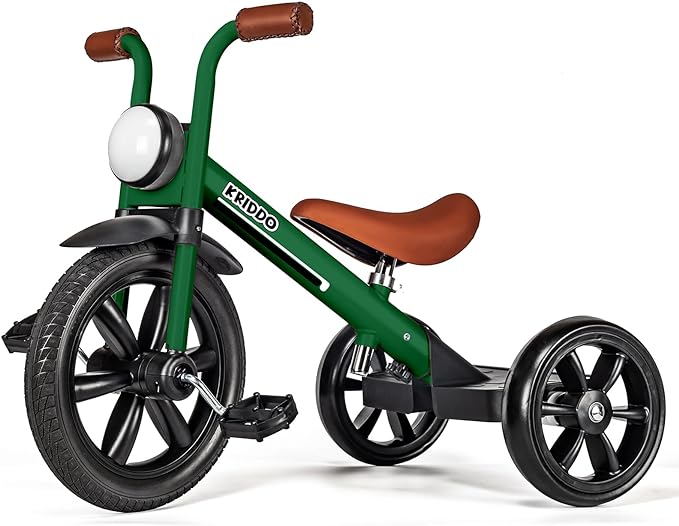 Kriddo Kids Tricycle with Headlight and Removable Pedals for 2 to 5 Years Old Green