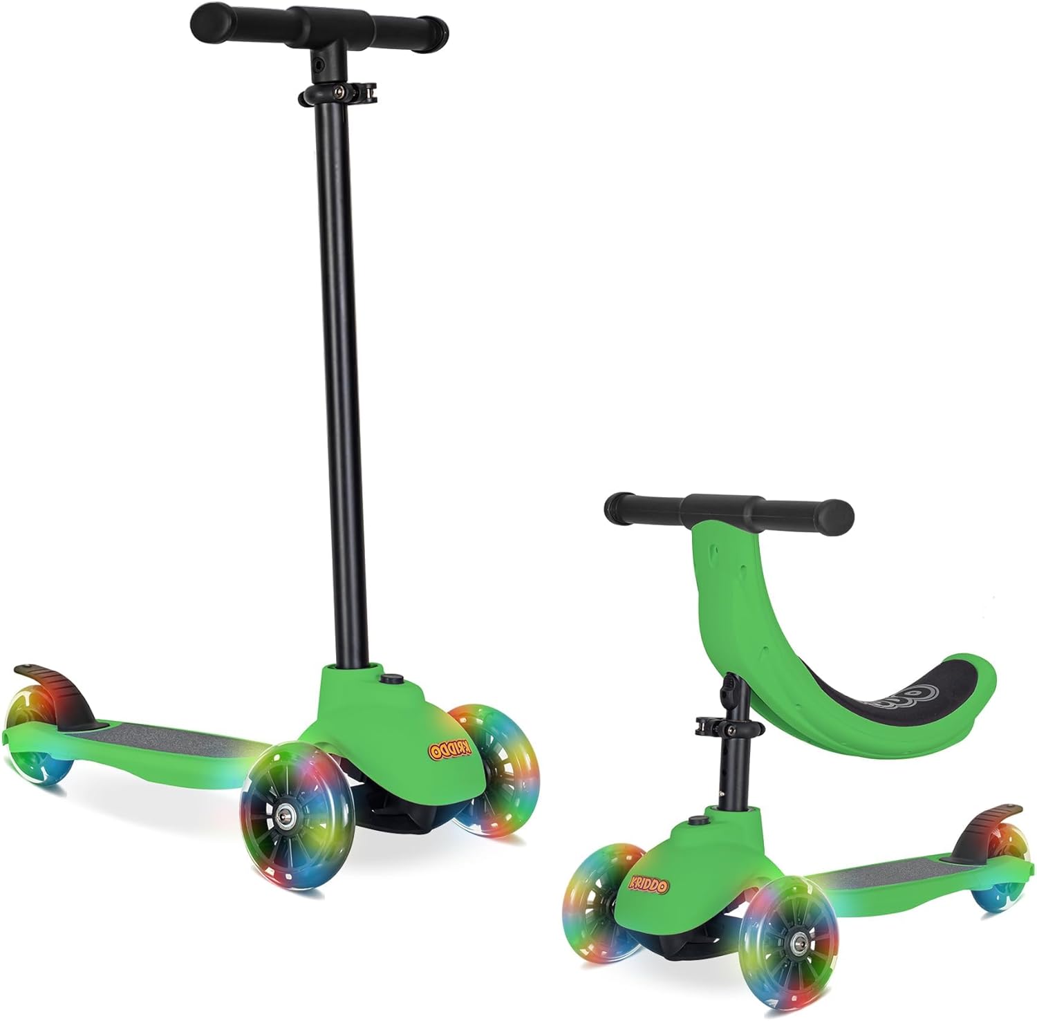 KRIDDO Kids Scooters with Removable Seat for 1 to 5 Years Old Green 3-in-1