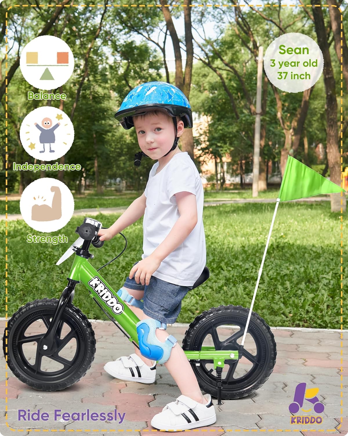 Kriddo Toddler Balance Bike with Brake and Flag for 18 Months to 3 Years Old Green