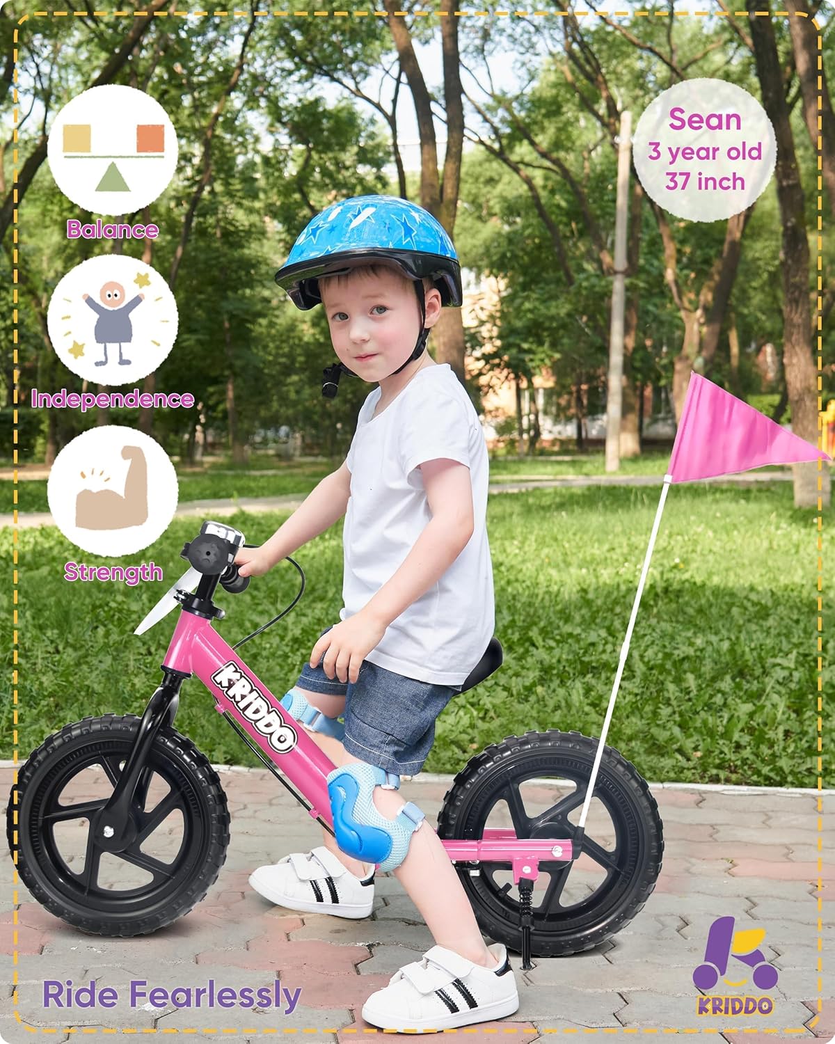 Kriddo Toddler Balance Bike with Brake and Flag for 18 Months to 3 Years Old Pink