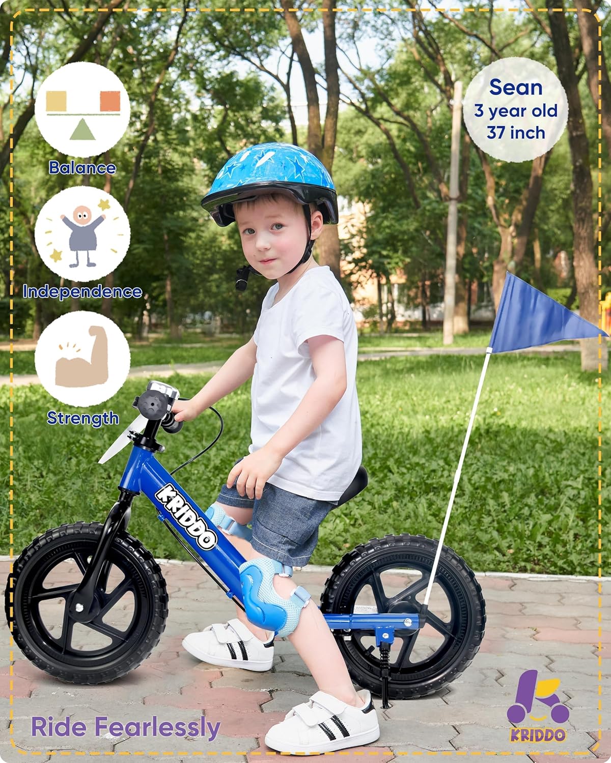 Kriddo Toddler Balance Bike with Brake and Flag for 18 Months to 3 Years Old Blue