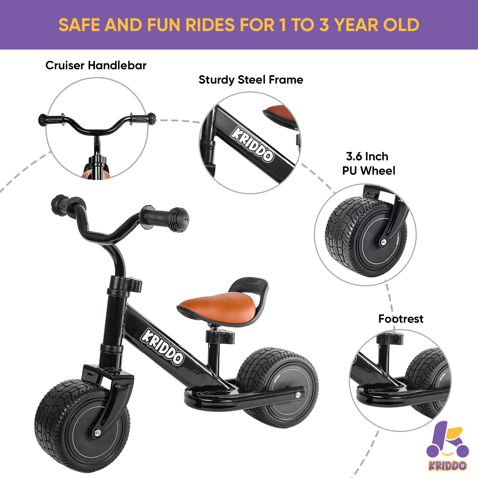 KRIDDO Baby Balance Bike 1-3 Year Old, Mini Cruiser Bike for One Year Old First Birthday Gifts Baby Toys 12 Months to 3 Year Old, Black