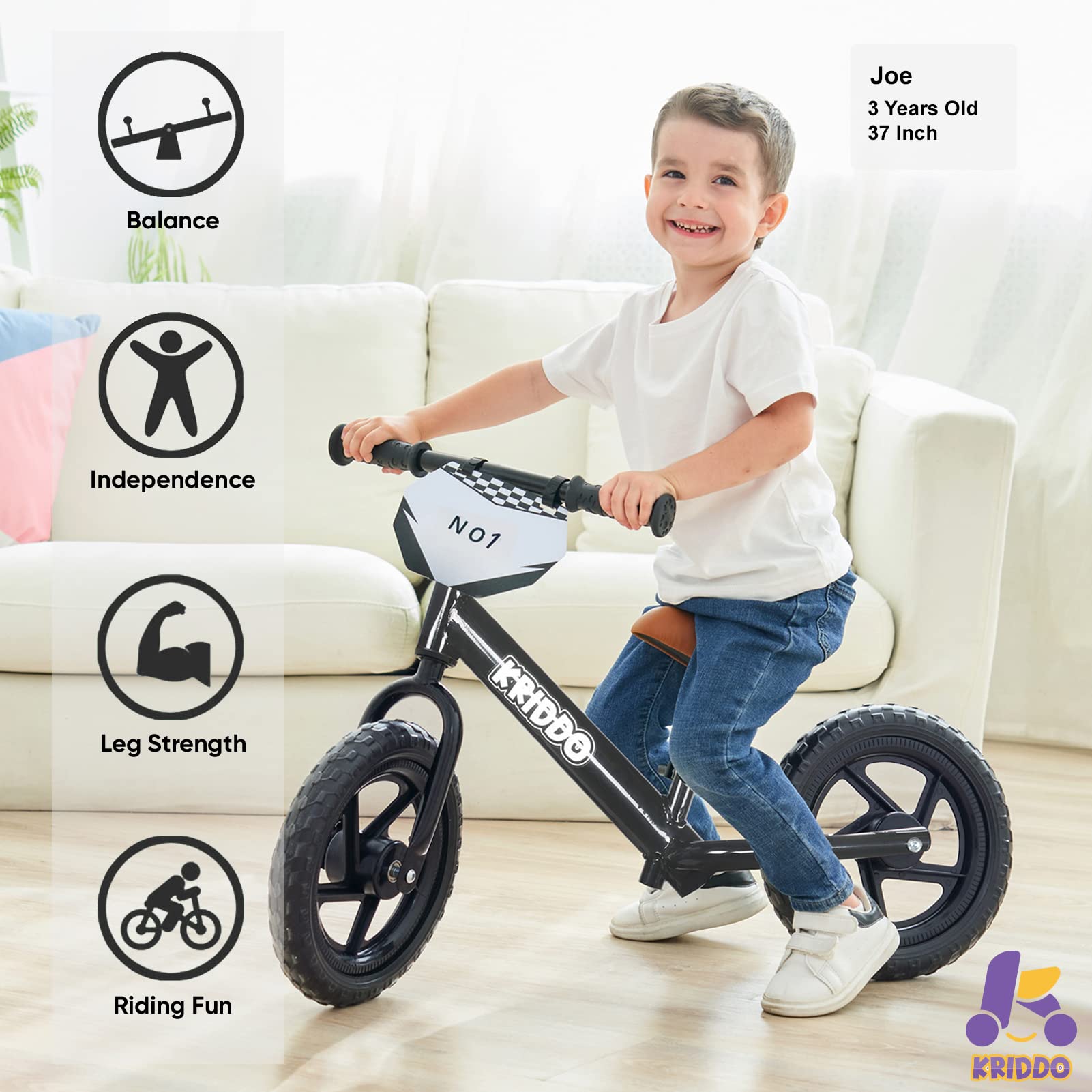 KRIDDO Toddler Balance Bike 2 Year Old, Age 18 Months to 5 Years Old, 12 Inch Push Bicycle with Customize Plate (3 Sets of Stickers Included), Steady Balancing, Gift Bike for 2-3 Boys Girls, Black