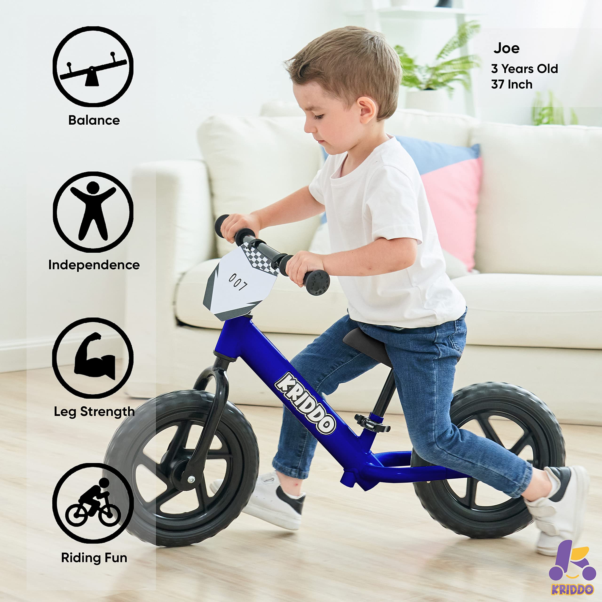 KRIDDO Toddler Balance Bike 2 Year Old, Age 18 Months to 5 Years Old, 12 Inch Push Bicycle with Customize Plate (3 Sets of Stickers Included), Steady Balancing, Gift Bike for 2-3 Boys Girls, Blue
