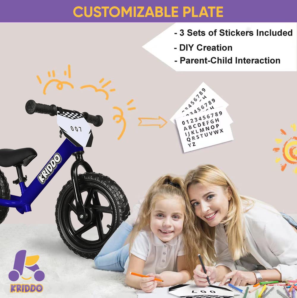 KRIDDO Toddler Balance Bike 2 Year Old, Age 18 Months to 5 Years Old, 12 Inch Push Bicycle with Customize Plate (3 Sets of Stickers Included), Steady Balancing, Gift Bike for 2-3 Boys Girls, Blue