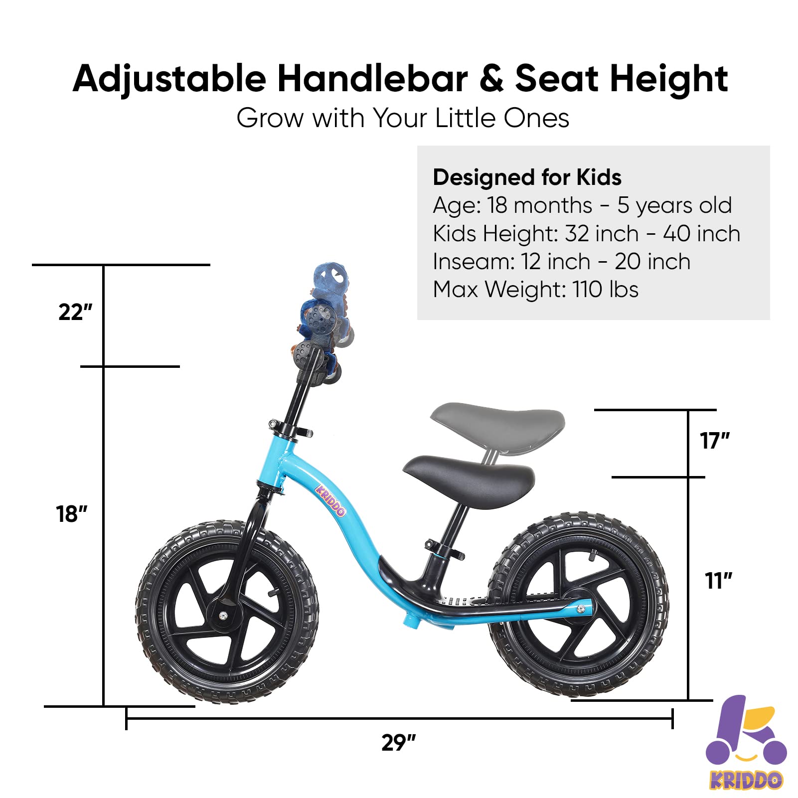 KRIDDO Toddler Balance Bike with Stuffed Animal for 18 Months to 4 Years Old Blue