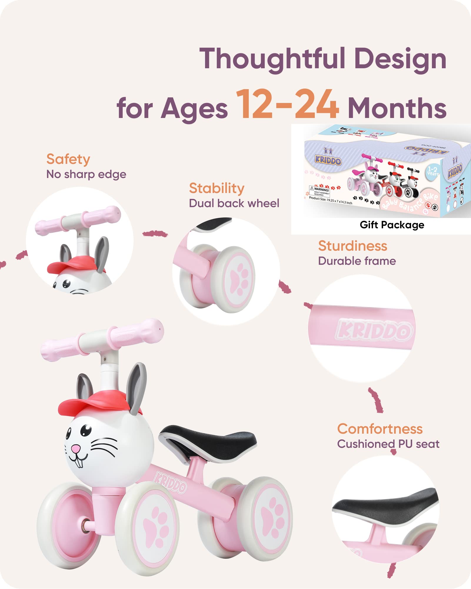 KRIDDO Baby Balance Bike for 1-2 Year Old Boy and Girl, Toddler Mini Bike for One Year Old First Birthday Gifts Baby Toys 12 Months to 2 Year Old Ride-on Toys Gifts Indoor Outdoor Balance Bike, Bunny
