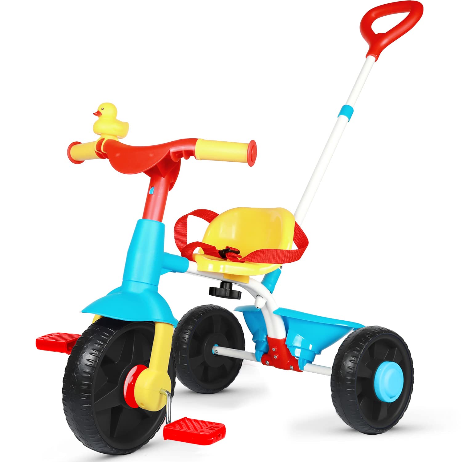 KRIDDO 2 in 1 Kids Tricycles Age 18 Month to 3 Years, Gift Toddler Tricycles for 2-3 Year Olds, Trikes for Toddlers with Push Handle and Duck Bell (Classic, EVA Wheel)