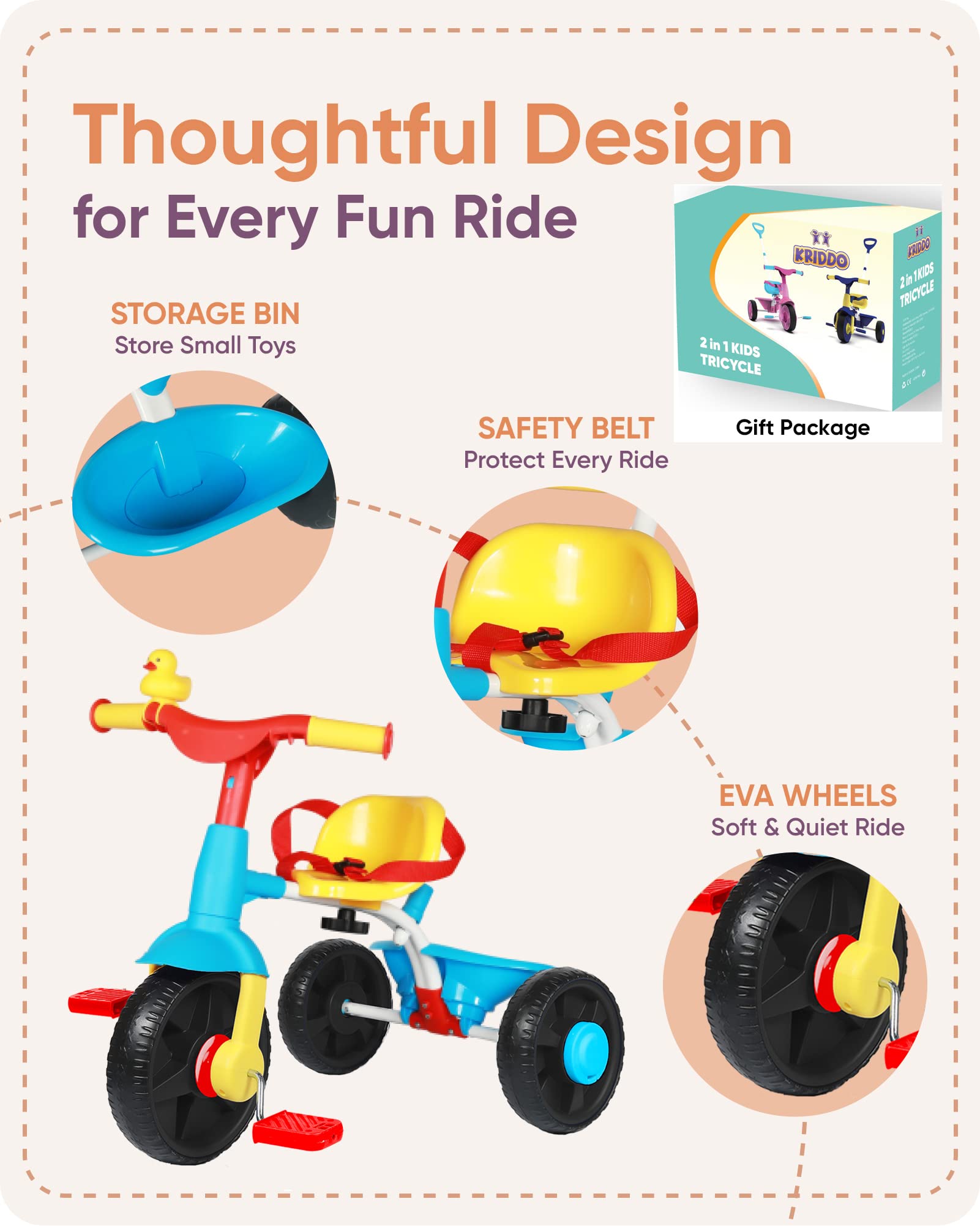 KRIDDO 2 in 1 Kids Tricycles Age 18 Month to 3 Years, Gift Toddler Trikes for Toddlers with Push Handle and Duck Bell, Classic