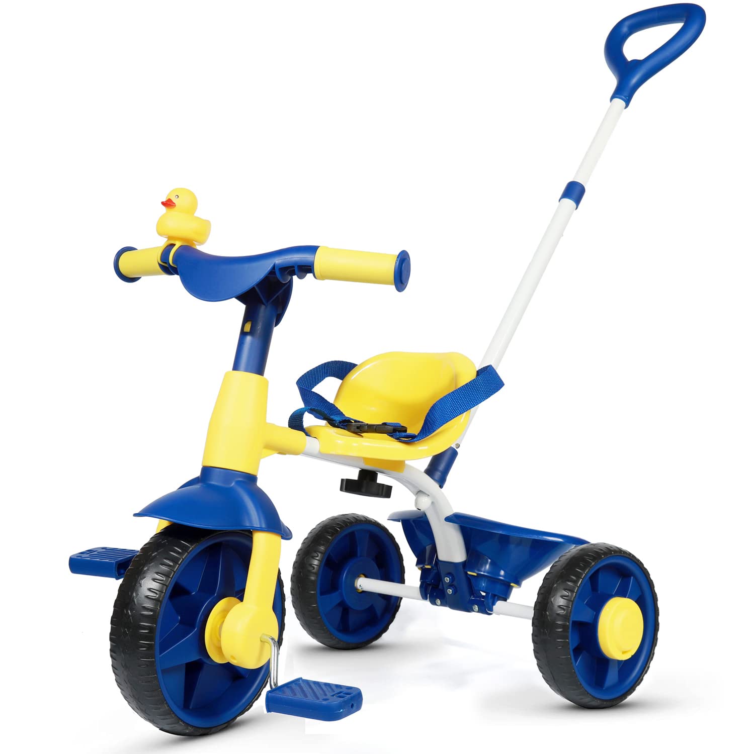 KRIDDO 2 in 1 Kids Tricycles Age 18 Month to 3 Years, Gift Toddler Trikes for Toddlers with Push Handle and Duck Bell, Blue