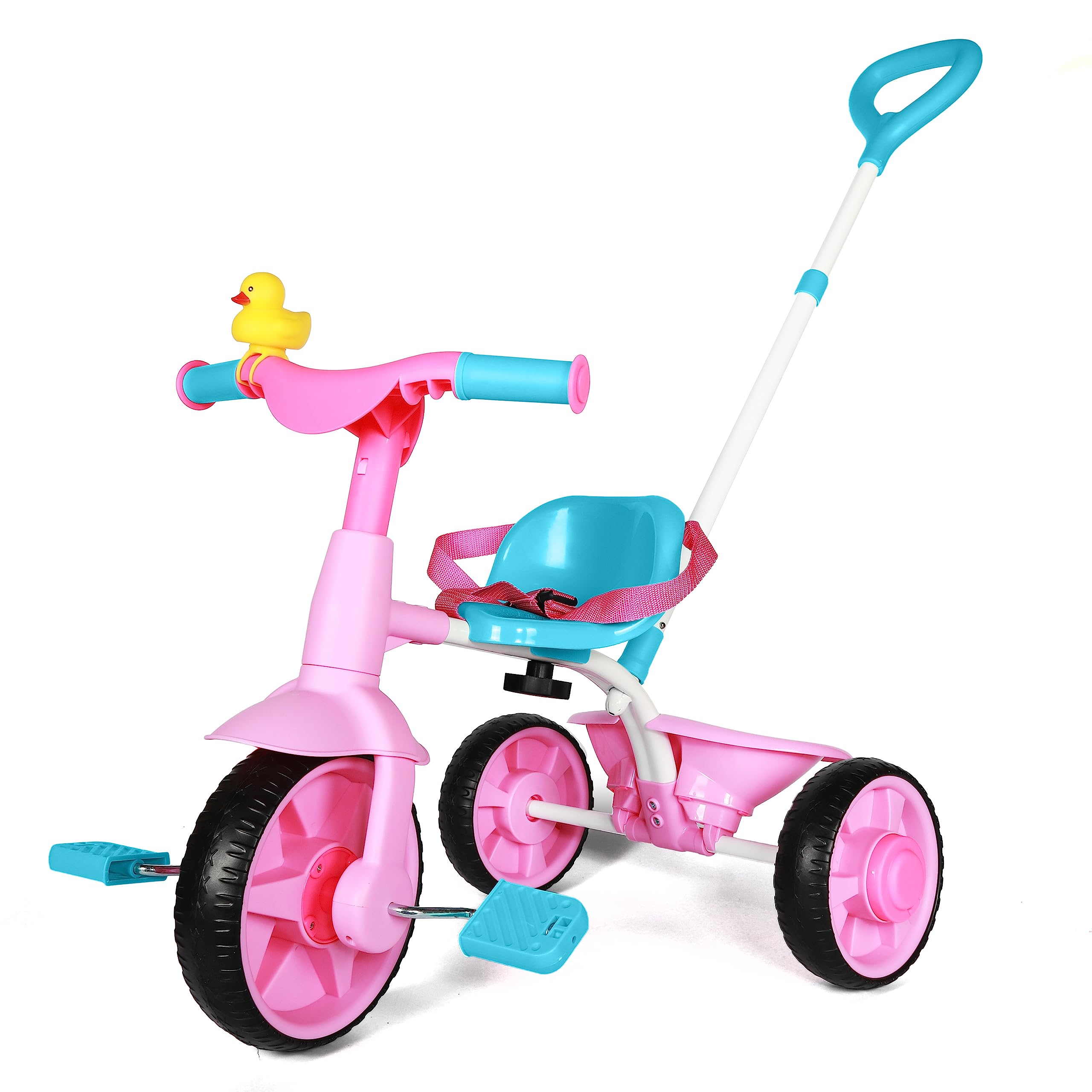 KRIDDO 2 in 1 Kids Tricycles Age 18 Month to 3 Years, EVA Wheels Upgraded Trikes Gift for Toddlers 2 to 3 Year Old with Push Handle and Duck Bell, Pink