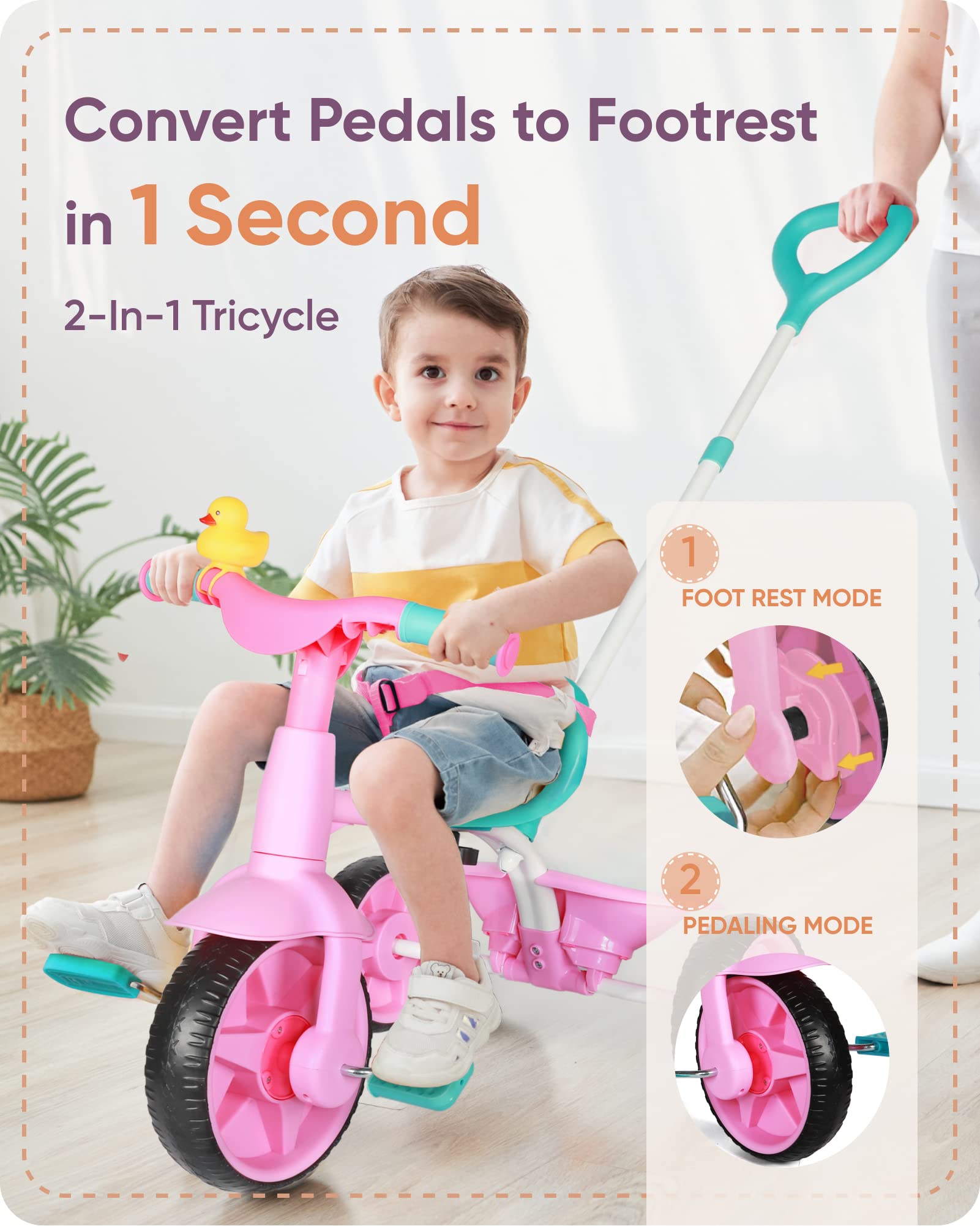 KRIDDO 2 in 1 Kids Tricycles Age 18 Month to 3 Years, Gift Toddler Trikes for Toddlers with Push Handle and Duck Bell, Pink
