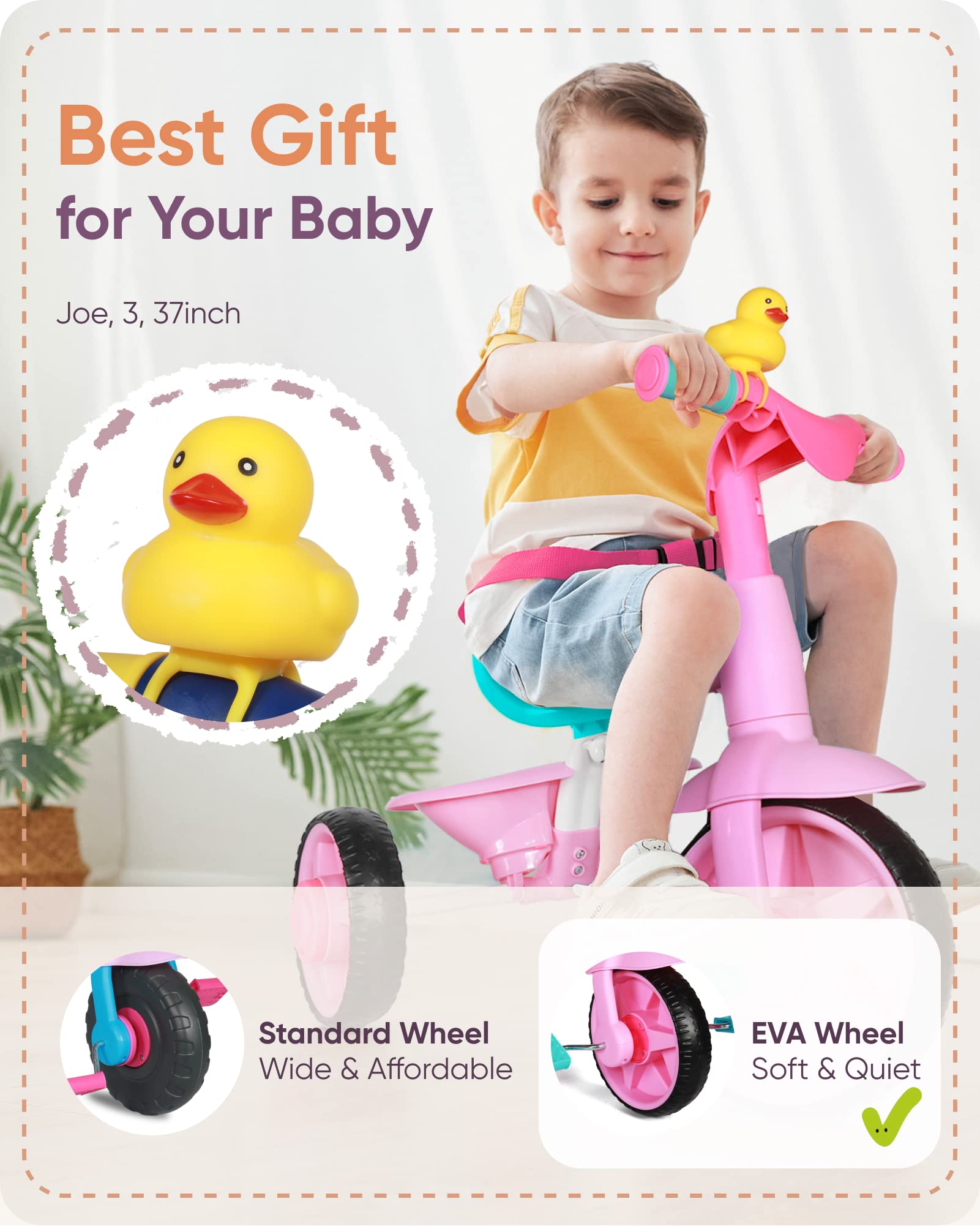 KRIDDO 2 in 1 Kids Tricycles Age 18 Month to 3 Years, EVA Wheels Upgraded Trikes Gift for Toddlers 2 to 3 Year Old with Push Handle and Duck Bell, Pink