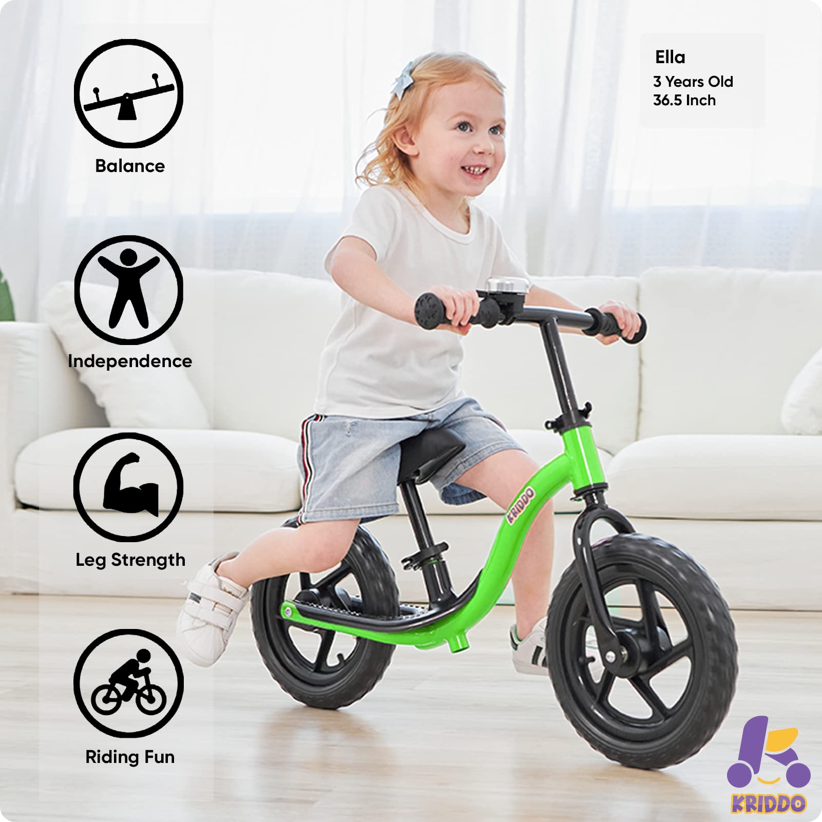 KRIDDO Toddler Balance Bike 2 Year Old, Age 18 Months to 5 Years Old, Early Learning Interactive Push Bicycle with Steady Balancing and Footrest, Gift for 2-5 Boys Girls, Green