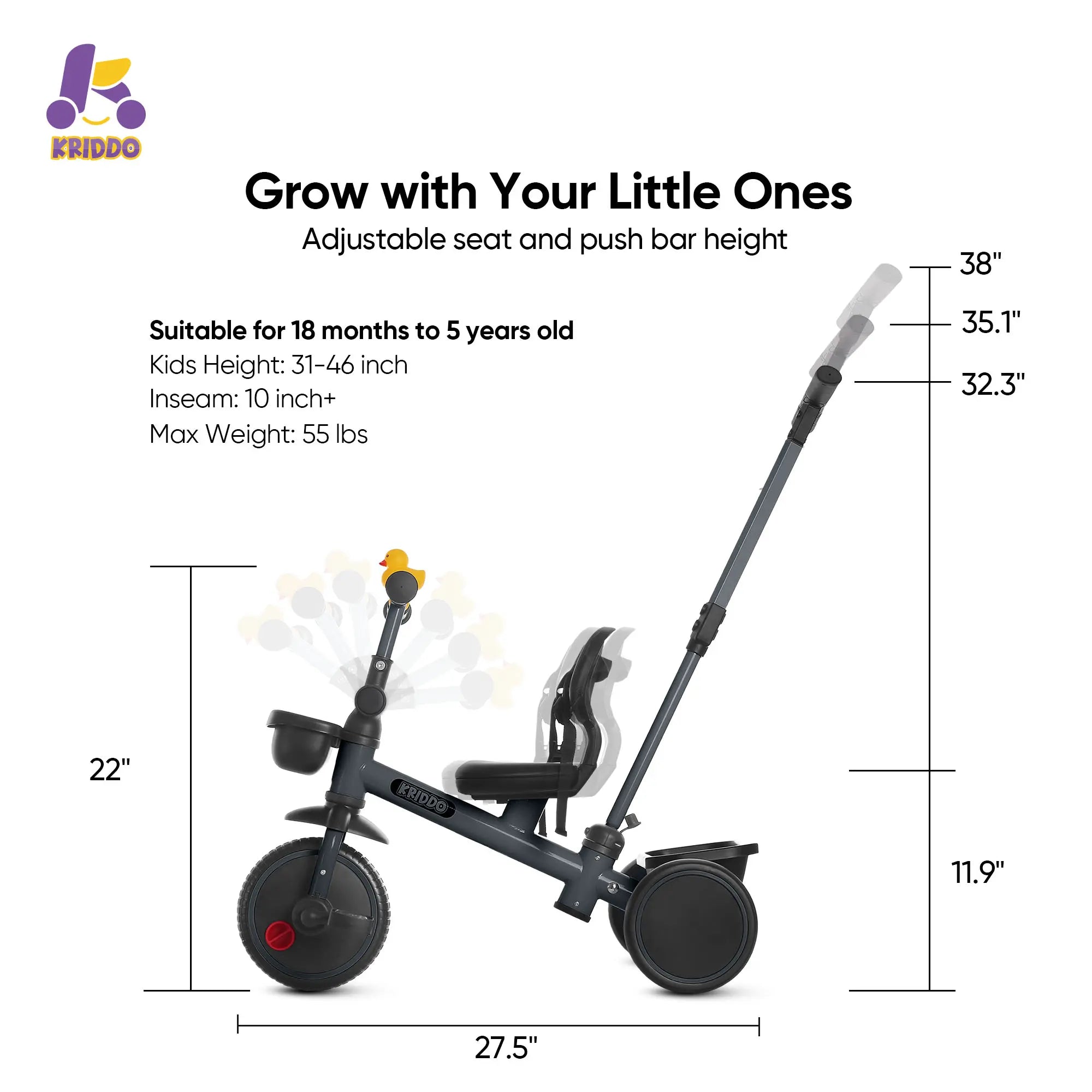 KRIDDO 2-in-1 Kids Tricycle with Steering Push Handle for Ages 18 Months to 5 Years