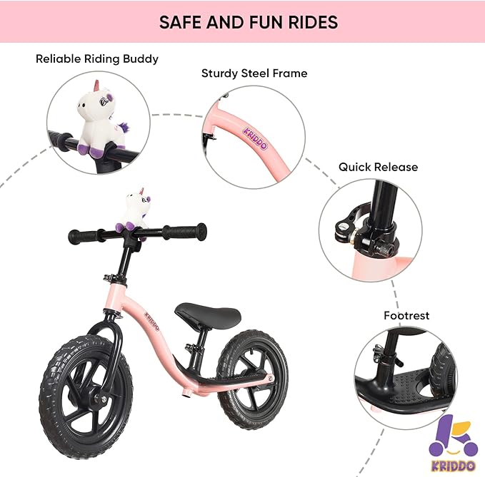 KRIDDO Pink Toddler Balance Bike with Stuffed Animal for 18 Months to 4 Years