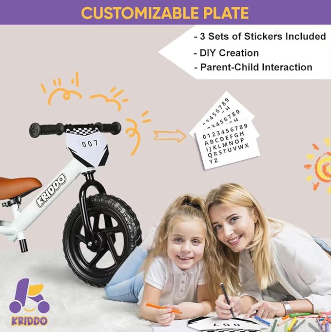 KRIDDO Toddler Balance Bike with Customize Plate for 18 Months to 3 Years Old White